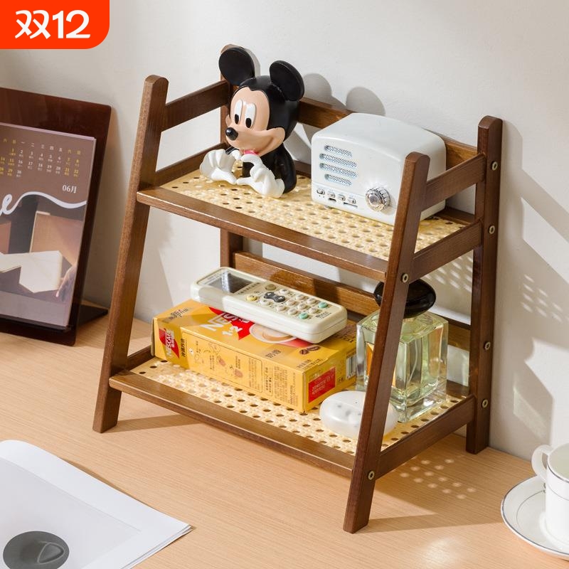 ins中古风藤编奶油色双层桌面置物架宿舍卧室办公厨房杯架整理架