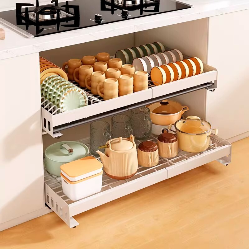 橱柜拉篮厨房下水槽抽屉式可伸缩沥水架免打孔抽拉碗碟收纳置物架