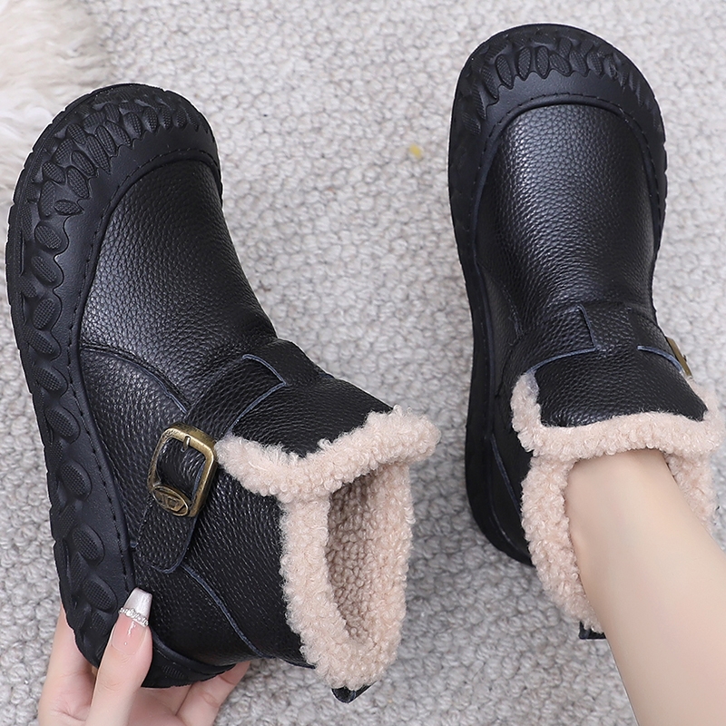 他她女孩头层牛皮软底妈妈鞋冬季加厚保暖棉鞋女中老年牛筋底黑色