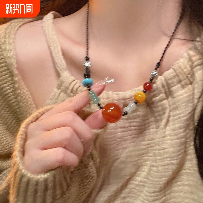 新中式复古民族风吊坠项链女夏天编绳串珠配饰玛瑙珠子装饰锁骨链