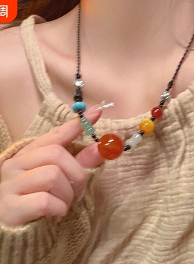 新中式复古民族风吊坠项链女夏天编绳串珠配饰玛瑙珠子装饰锁骨链