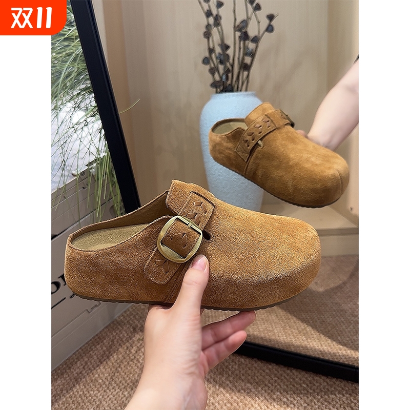 勃肯半拖鞋懒人一脚蹬2025秋季新款真皮厚底包头拖鞋女外穿勃肯鞋