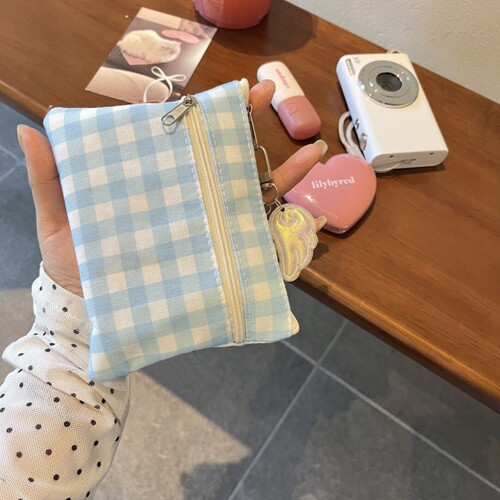 韩版甜美格子迷你小钱包软糯水洗棉布艺唇釉口红零钱收纳包随身带