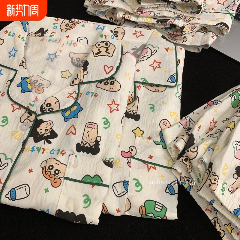 红豆蜡笔小新情侣纯棉睡衣女夏季短袖三件套棉绸大码宽松男士家居