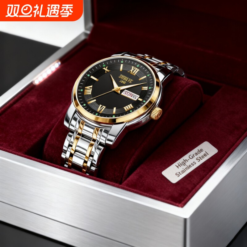 手表男款机械风全自动防水高级感全自动男表数字双日历防水腕表男