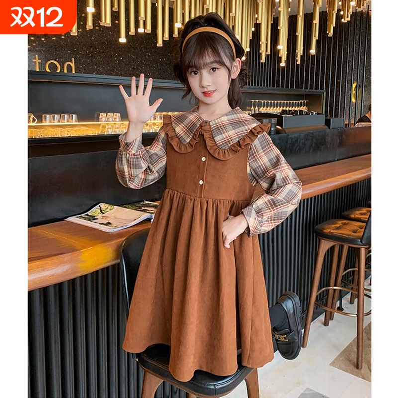 女童秋装连衣裙学院风格子裙长裙