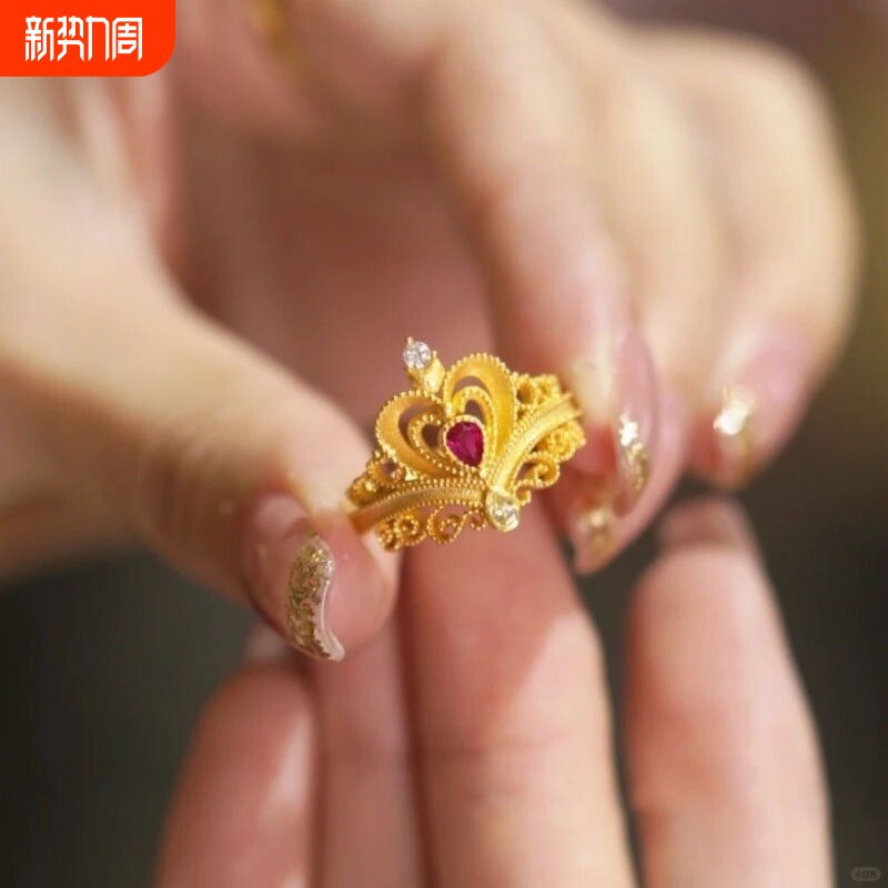 Vintage古法镂空爱心皇冠戒指女镶嵌锆石轻奢国风复古宫廷风手