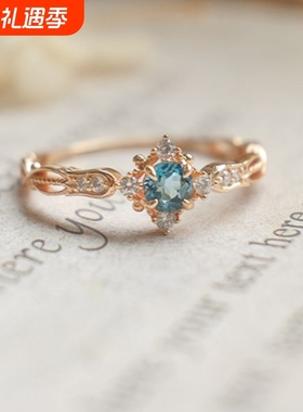 复古铃兰花蓝色宝石活口戒指女小众日系清新镶嵌指环时尚轻奢手饰