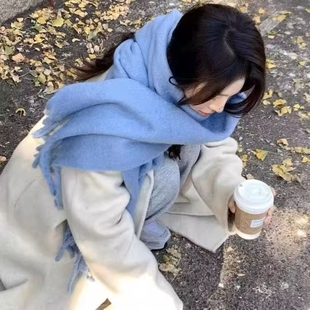 新款纯色加厚围巾女冬季韩系学生情侣保暖搭子围脖男大衣蓝色丝巾
