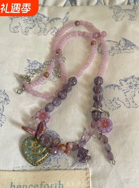 「桑葚清酒」紫色清新爱心吊坠花朵串珠春夏vintage爆款项链锁骨