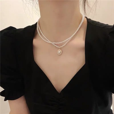 优雅复古法式双层珍珠项链女ins网红锁骨链小众设计脖子饰品真珠