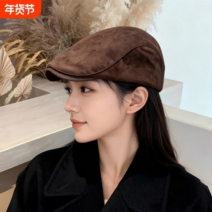 秋冬复古麂皮绒前进帽男女款纯色英伦风画家帽日系街头感报童帽子