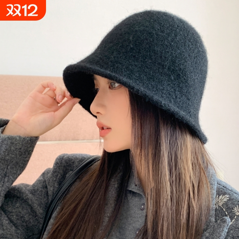 韩系纯色毛绒渔夫帽子女秋冬高级感保暖百搭盆帽素颜显脸小水桶帽