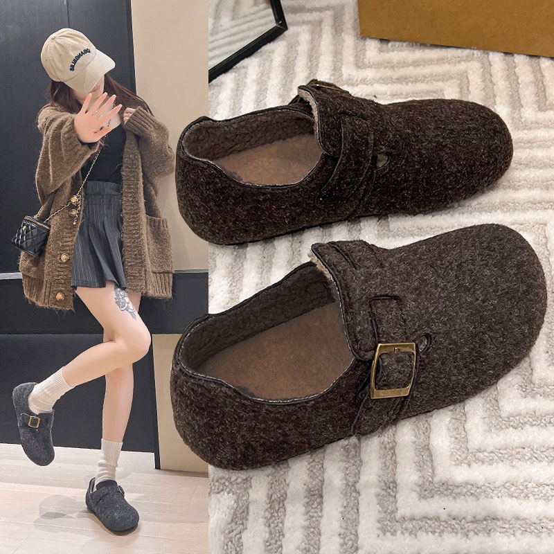 灰色勃肯鞋女鞋子2025秋冬新款爆款一脚蹬懒人鞋加绒博肯棉鞋棕色