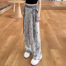 女童裤子夏装2024冰丝中国风水墨画新款阔腿裤女孩夏季薄款防蚊裤