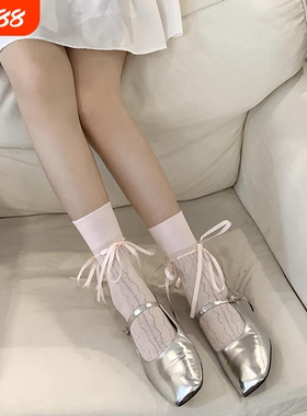 芭蕾风白色袜子女夏季薄款网眼绑带蝴蝶结jk少女洛丽塔袜灰色中筒