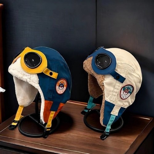 中大童可爱恐龙飞行员眼镜雷锋帽子女秋冬亲子男童加绒保暖护耳帽