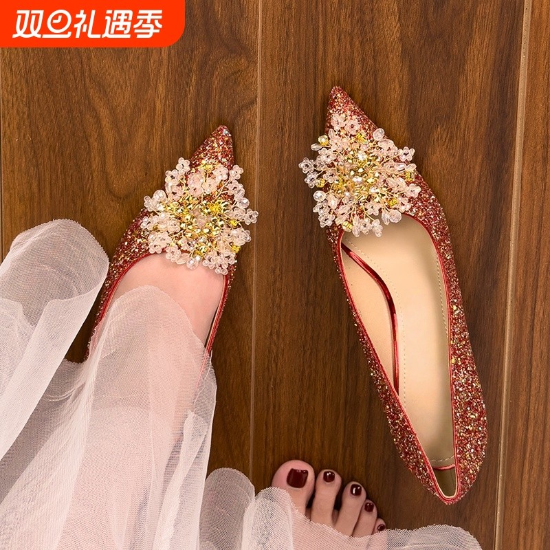 法式水晶亮片婚鞋女2025新款秀禾婚纱两穿订婚鞋不累脚细跟高跟鞋