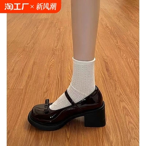 法式复古高跟玛丽珍鞋女2024新款夏季蝴蝶结棕色圆头英伦风小皮鞋