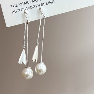 「晚风轻拂」长款流苏珍珠爱心蚊香盘耳夹女无耳洞显脸小耳钉耳环