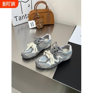 超软底真皮网面内增高德训鞋女2025春夏款双鞋带显脚小运动阿甘鞋