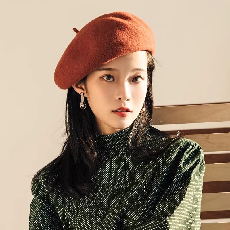 疯帽子贝雷帽女羊毛秋冬季画家帽大头围红色黑色紫色白色灰色甜美
