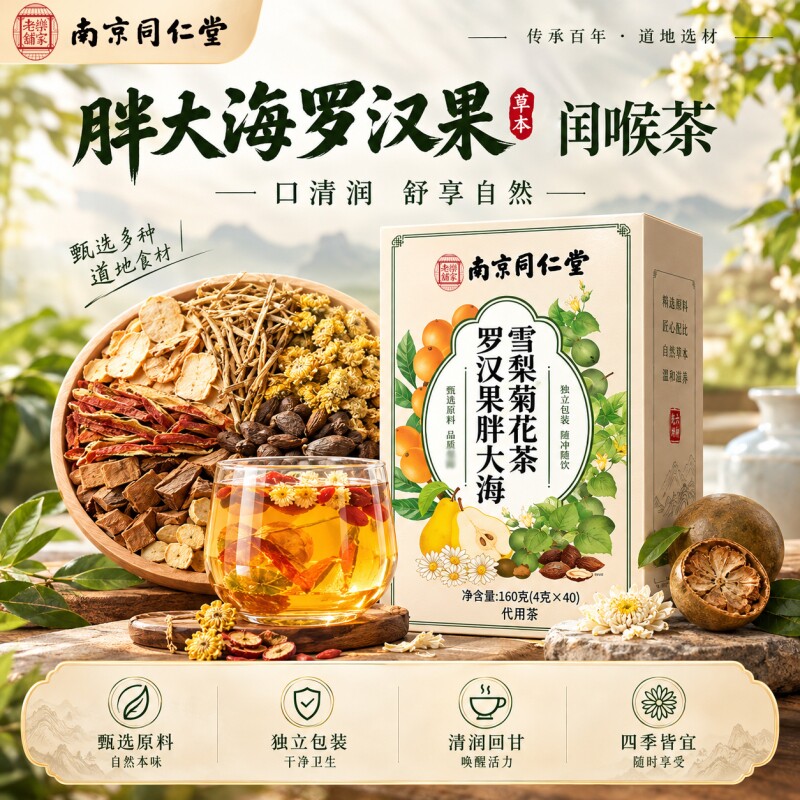 南京同仁堂胖大海罗汉果咽茶正品旗舰店雪梨菊花喉润护嗓养生茶
