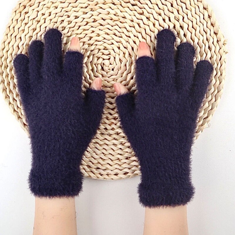 露二指手套男女秋冬季仿貂绒学生版保暖纯色作业半指学生加绒白色