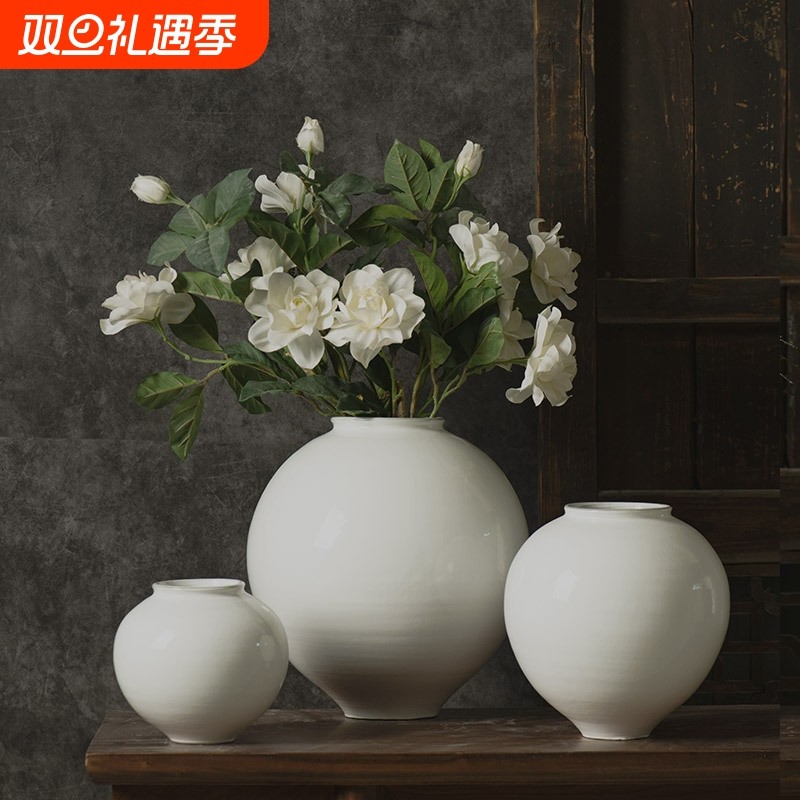 景德镇手工陶瓷创意复古花瓶白色陶艺摆件禅意插花干花民宿装饰品