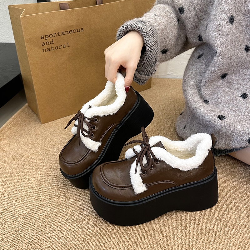 加绒松糕乐福鞋女2025秋冬新款厚底保暖黑色英伦风小皮鞋高跟圆头