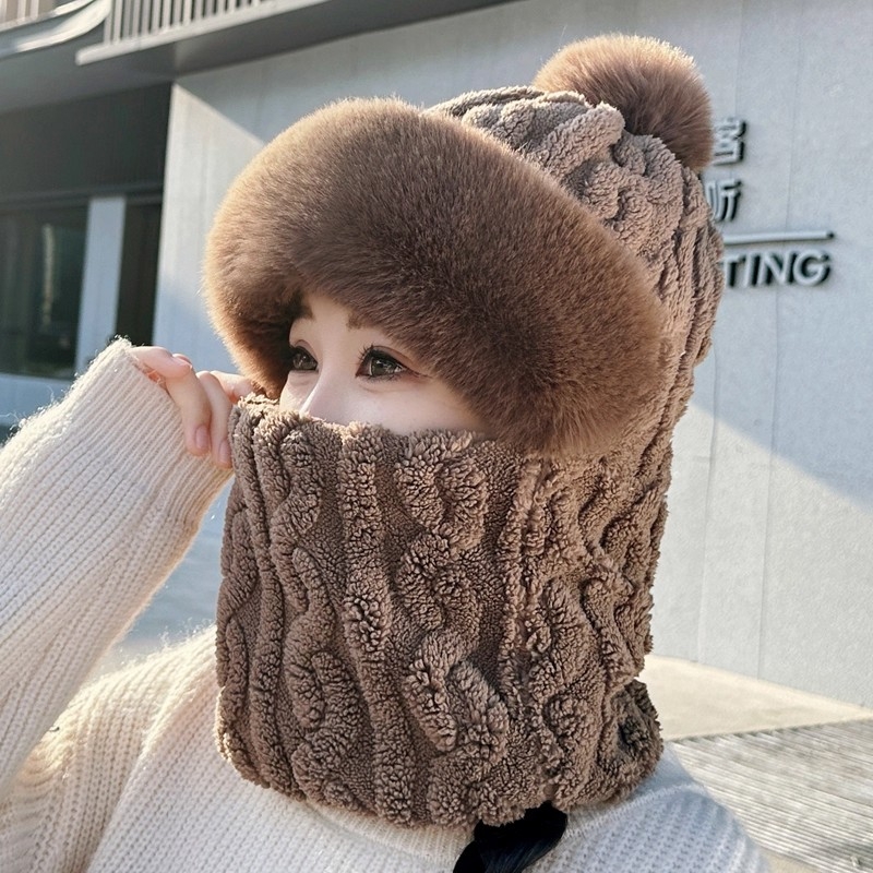 2025新款帽子女秋冬保暖围脖围巾一体防风毛绒套头帽口罩面罩骑车