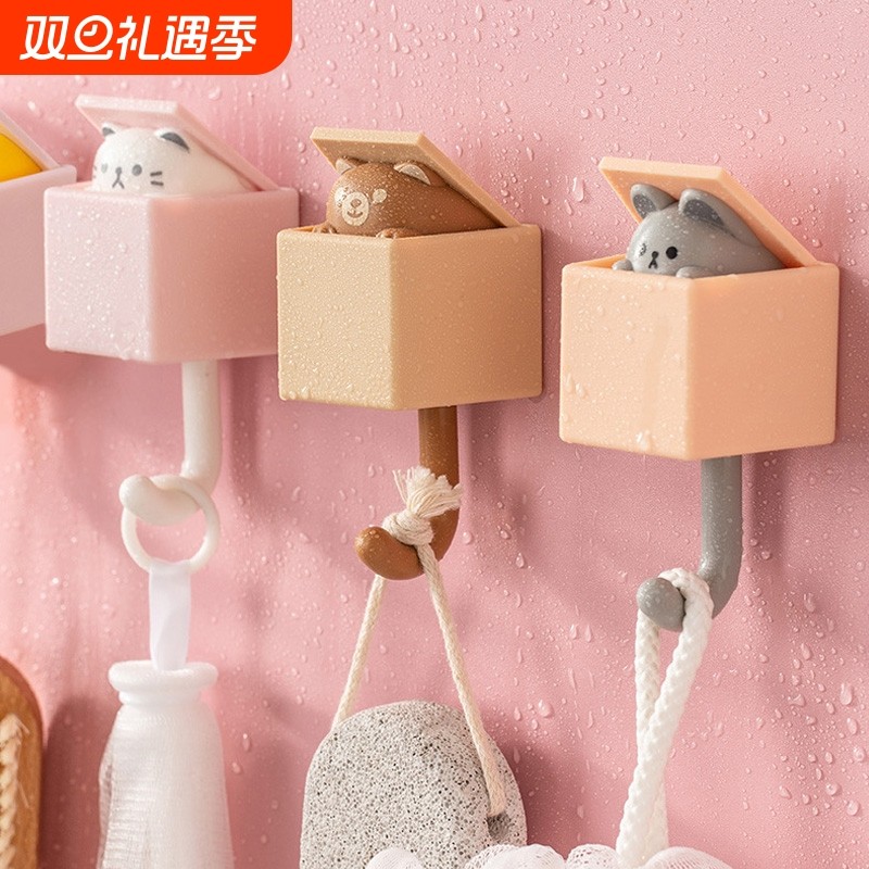 伸缩挂钩免打孔钩子卧室家用强力粘钩卡通动物门后墙上钥匙挂钩