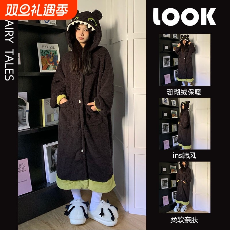 无牙仔睡袍珊瑚绒睡衣女秋冬款2025新款冬季加厚长睡裙连帽家居服