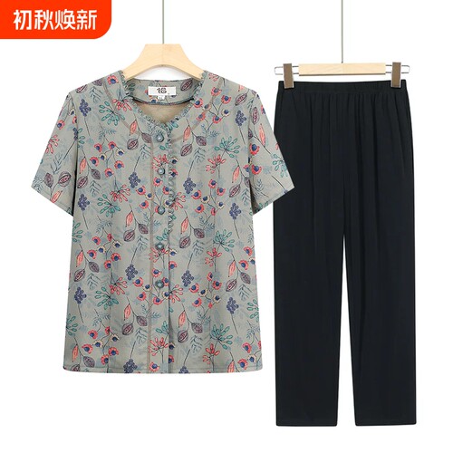 妈妈夏装短袖衬衫套装中老年开衫