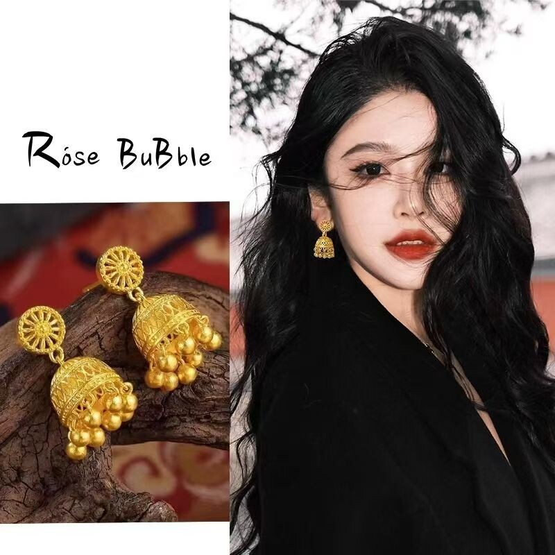 国潮金色水母流苏耳环方圆脸显脸小轻奢高级感波西米亚耳饰耳钉