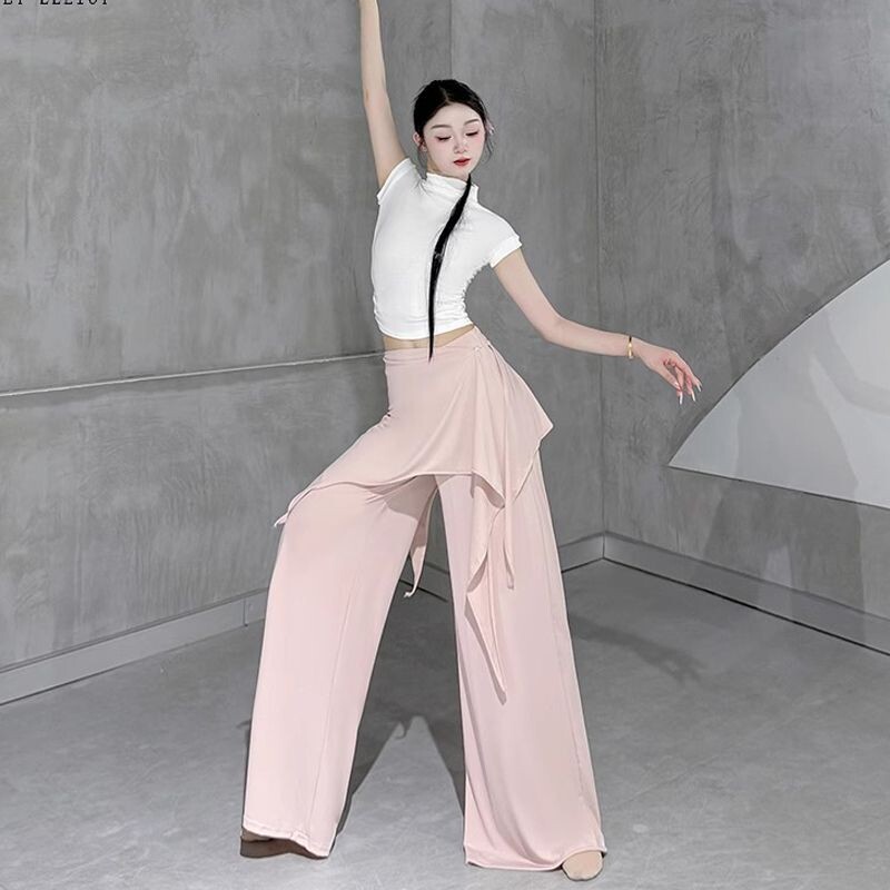阔腿裤舞蹈屁帘假两件裙裤瑜伽现代舞裤子练功服长裤上衣白色黑色图片