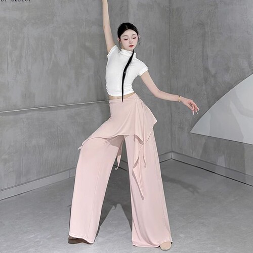 阔腿裤舞蹈屁帘假两件裙裤瑜伽现代舞裤子练功服长裤上衣白色黑色