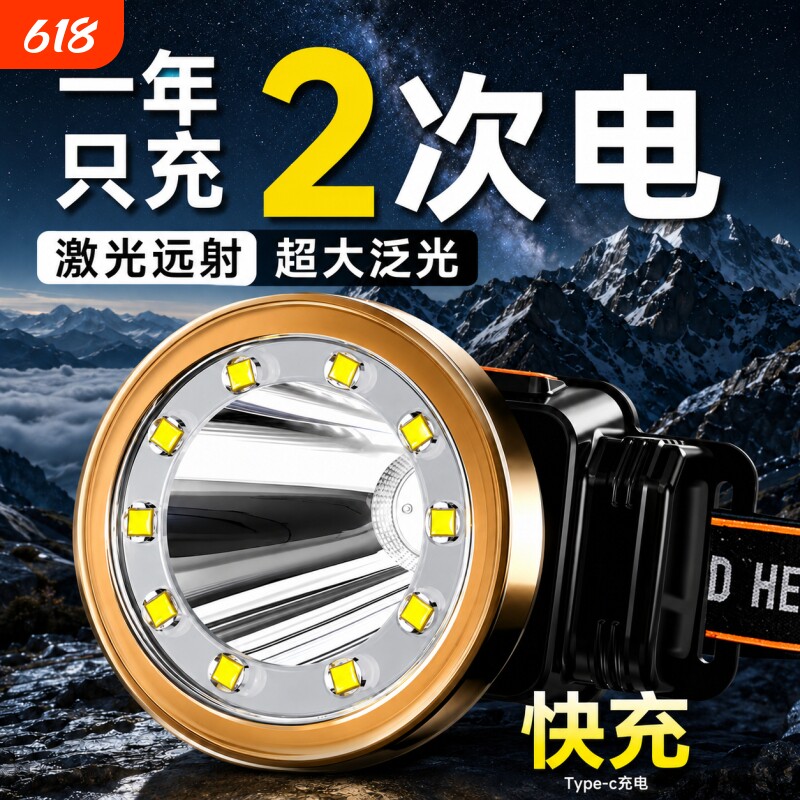 头灯强光充电超亮头戴式照明灯夜钓鱼专用矿灯新款防水户外手电筒
