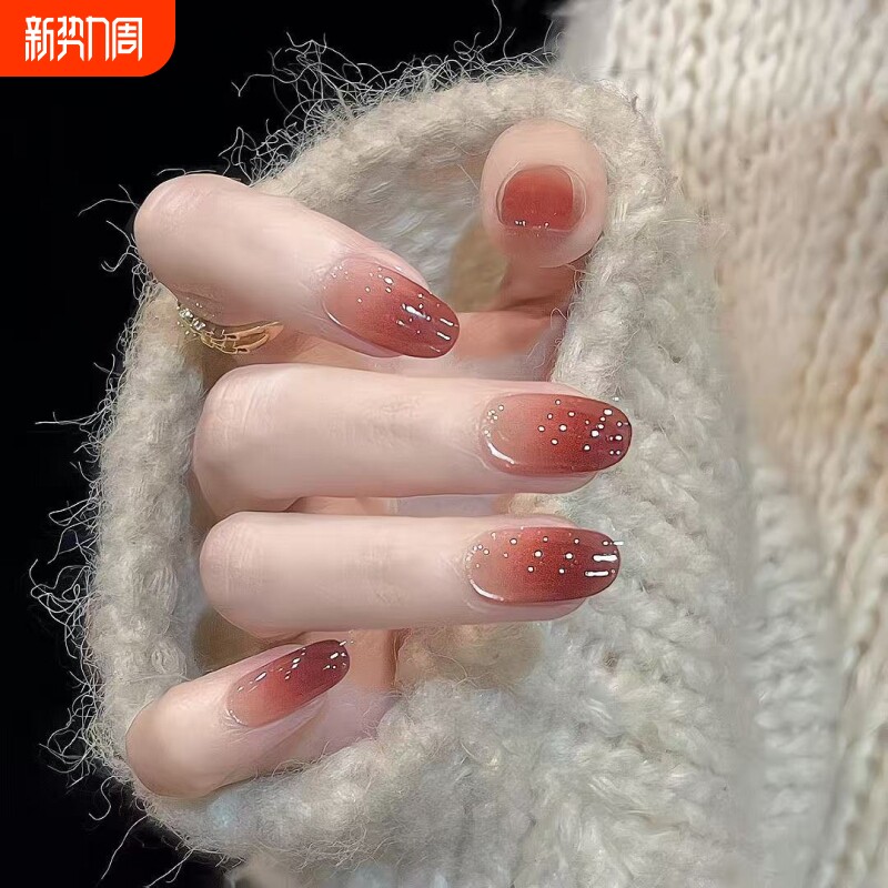 欲滴晶莹剔透的红石榴穿戴甲猫眼美甲假指甲片中长款红色法式椭圆