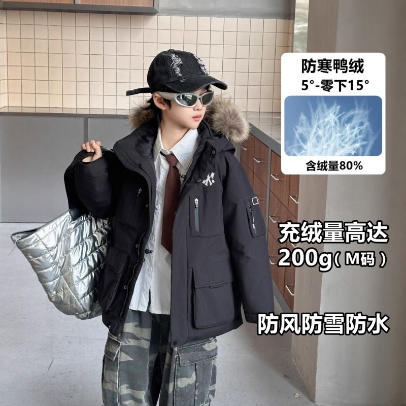 新款二代大毛领儿童羽绒服  NY大童工装加厚中长款保暖外套