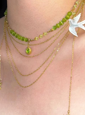 「山鸟集」原创小众高级感锁骨链橄榄绿色串珠项链小众设计气质