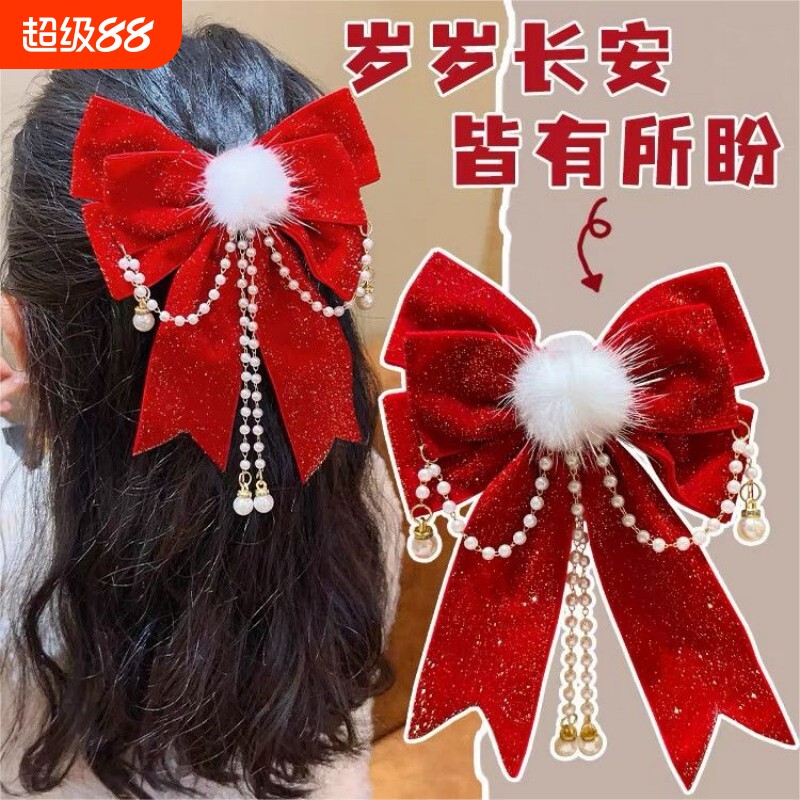 儿童新年发饰中国风大红色喜庆大蝴蝶结后压发夹女童宝宝过年头饰