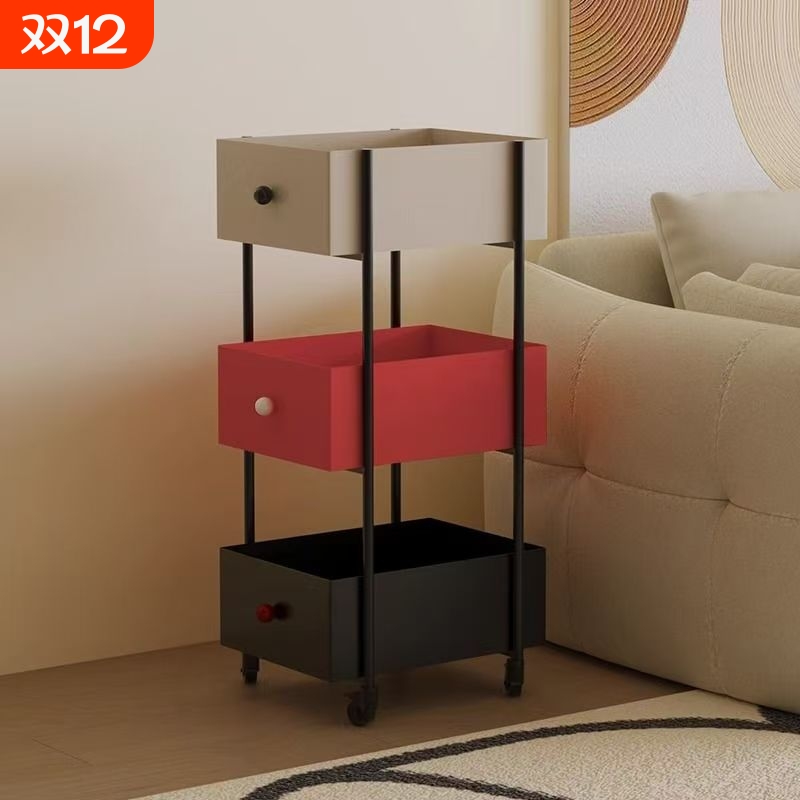 三层家用置物架卧室移动收纳书架中古零食小推车高颜值厨房多层