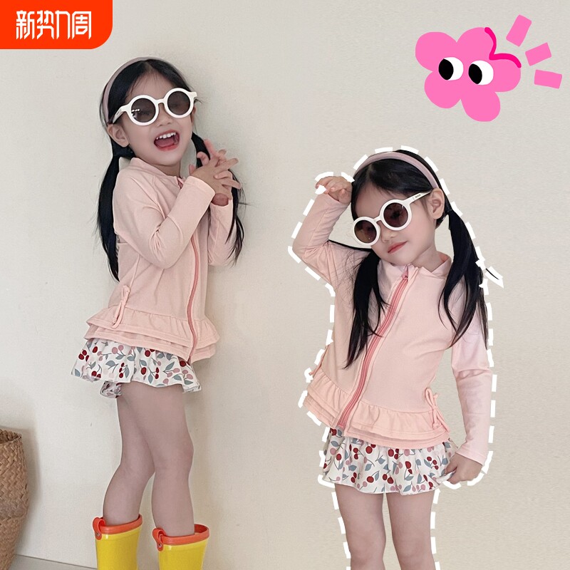 女童泳衣新款ins风宝宝防晒长袖连体裙式泳装沙滩温泉速干泳衣裤