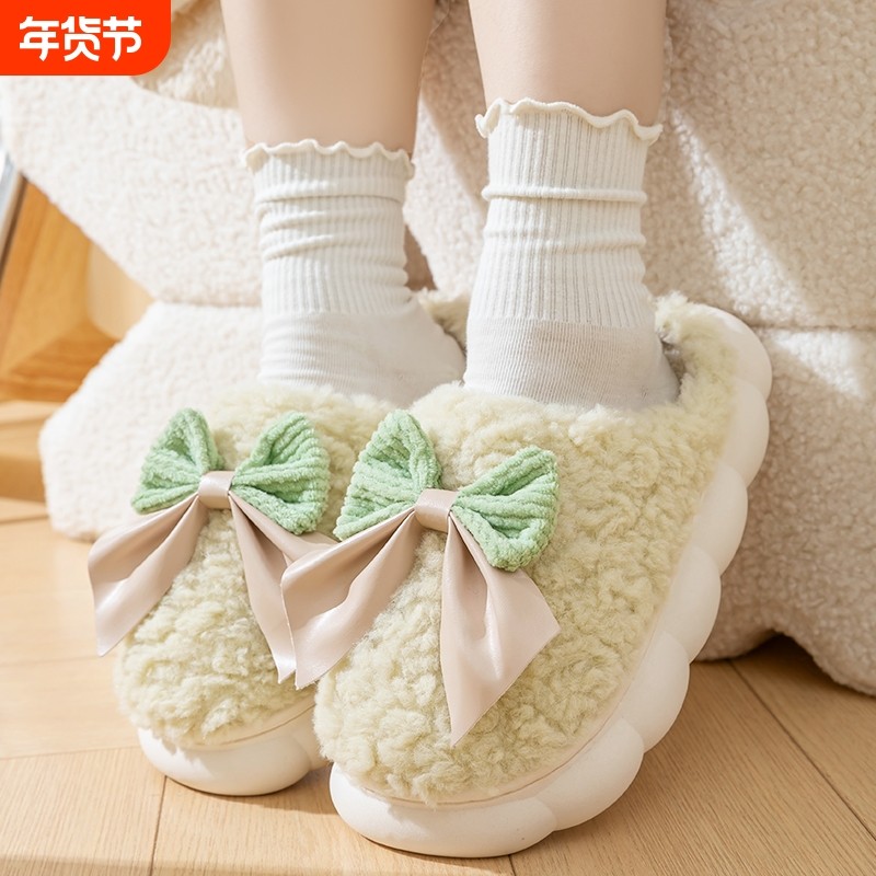 女士新款蝴蝶结棉拖鞋厚底防滑拖鞋室内保暖家居家用秋冬棉拖鞋女