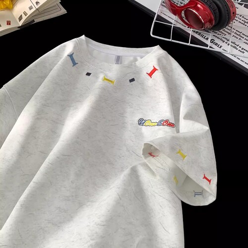 重磅刺绣T恤短袖男款夏季冰丝凉感美式宽松半袖体恤上衣休闲白色