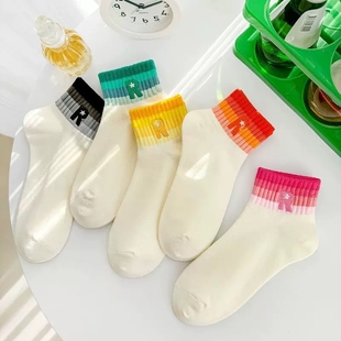 薄款 夏季 女士条纹袜子女短袜ins潮百搭学生短筒运动袜学院风白色
