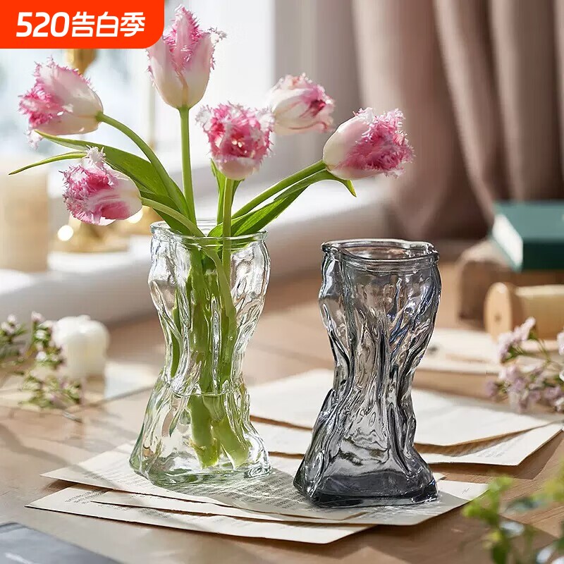 玻璃花瓶轻奢插花瓶歪脖客厅家居摆件台面鲜花精致透明独特餐厅