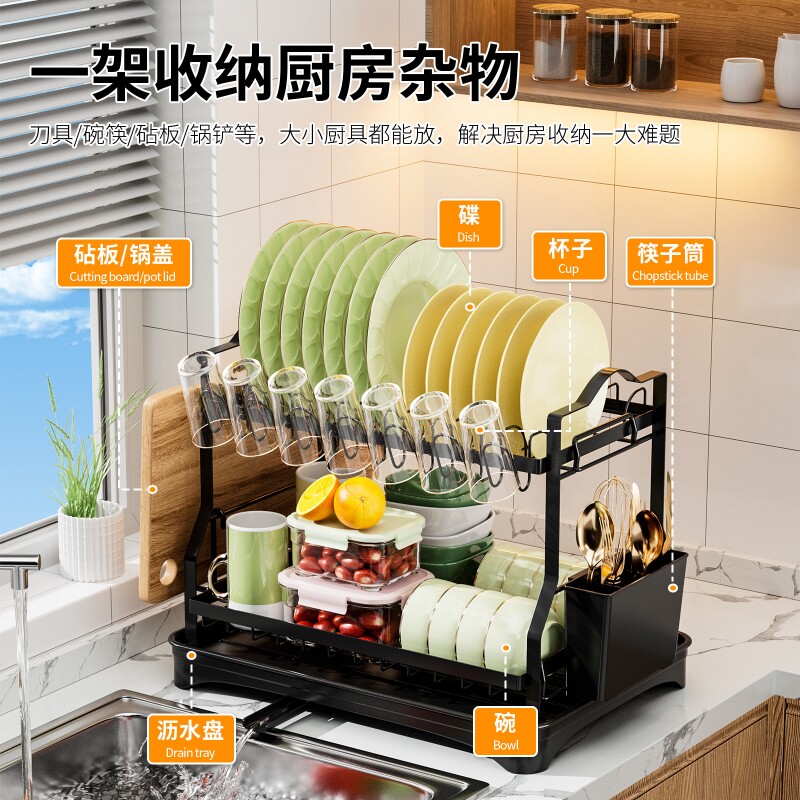 亚马逊厨房碗碟收纳沥水架双层碗柜碗碟架放碗盘置物架双层沥水
