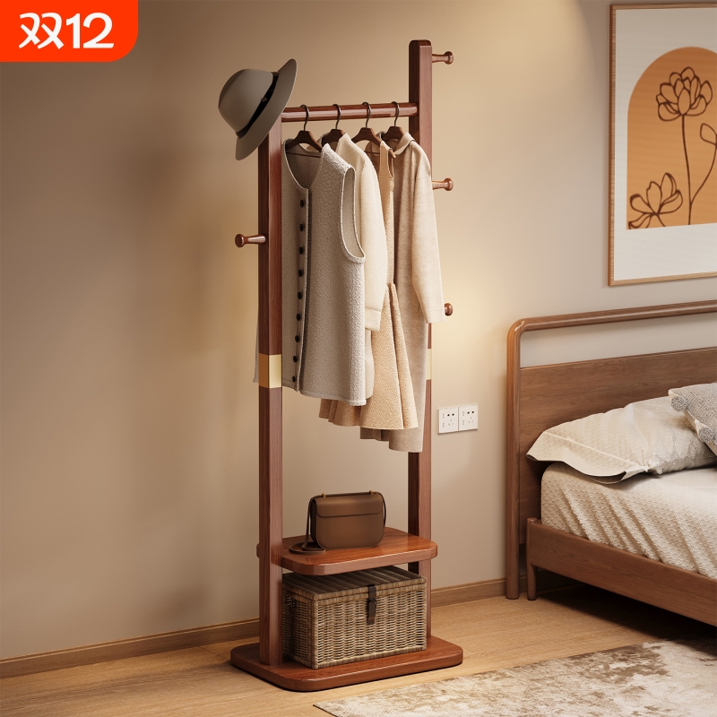 实木衣帽架落地卧室挂衣架家用小型不占空间新中式衣服架子置物架